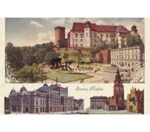 Pocztówka XIX wieczny, trójdzielna plansza z widokiem Wawelu